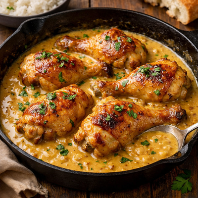 Hähnchenschenkel in Honig Senf Sauce Saftig mit viel Sauce und feiner Süße Zutaten für 2 bis 3 Personen 4 Hähnchenschenkel 2 EL Honig 2 EL mittelscharfer Senf 3 EL Sojasauce 200 ml Sahne 150 ml Hühnerbrühe 1 kleine Zwiebel fein gewürfelt 1 Knoblauchzehe fein gehackt 1 EL Butter Salz Pfeffer etwas Öl Zubereitung 1.	Hähnchenschenkel salzen und pfeffern. In einer großen Pfanne oder einem Bräter mit etwas Öl rundum goldbraun anbraten, dann herausnehmen. 2.	Zwiebel im Bratensatz glasig dünsten, Knoblauch kurz mitbraten. Honig, Senf und Sojasauce einrühren. 3.	Sahne und Hühnerbrühe zugeben, kurz aufkochen lassen. Butter unterrühren. 4.	Hähnchenschenkel zurück in die Sauce legen. Deckel auflegen und im vorgeheizten Ofen bei 180 Grad 25 bis 30 Minuten schmoren. 5.	Deckel abnehmen und weitere 10 bis 15 Minuten offen garen, damit die Sauce leicht eindickt und die Schenkel Farbe bekommen. Tipp Für extra Knusper am Ende 3 bis 5 Minuten Grillfunktion ohne Deckel. Wenn die Sauce noch dicker sein soll, 1 TL Speisestärke mit kaltem Wasser verrühren und kurz einrühren. Beilagen Empfehlung Bandnudeln Reis Kartoffelpüree Semmelknödel 